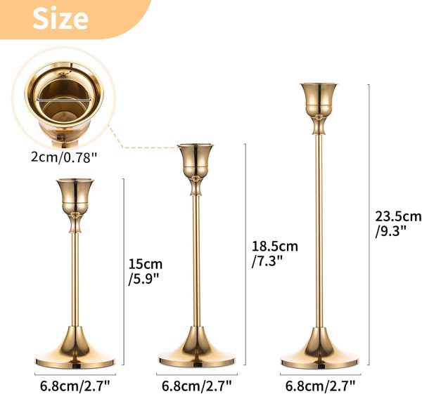 Candlestick Holders Taper Candle Holders, Set of 3 Candle Stick Holders Set, Brass Gold Candlestick Holder Set, Vintage Modern Decorative Centerpiece for Table Mantel Wedding Housewarming Gift - Image 3