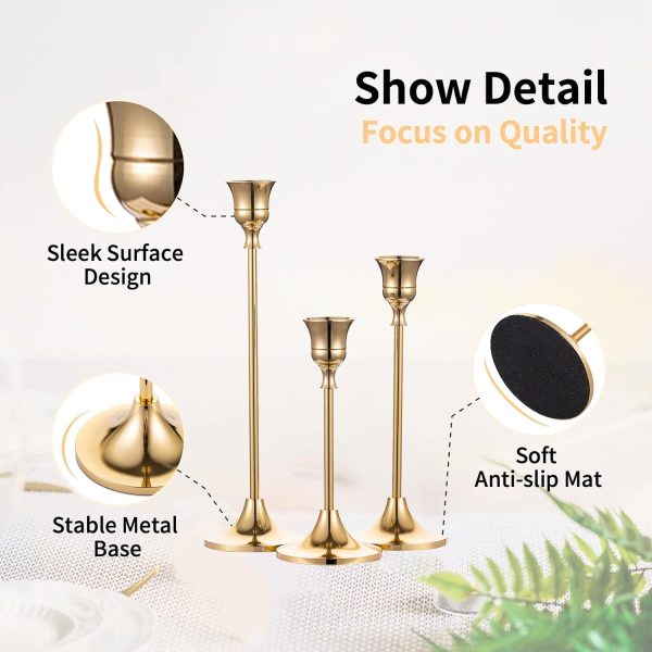 Candlestick Holders Taper Candle Holders, Set of 3 Candle Stick Holders Set, Brass Gold Candlestick Holder Set, Vintage Modern Decorative Centerpiece for Table Mantel Wedding Housewarming Gift - Image 5