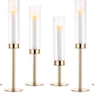 Nuptio Glass Hurricane Candle Holder for Taper Candles 6 Pcs Candlestick Holders Long Stem Candle Holders for Tabletop Centerpiece Home Wedding Decor Cylinder Candle Stand Windproof 14" 16" 18"