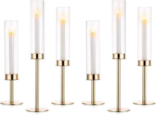 Nuptio Glass Hurricane Candle Holder for Taper Candles 6 Pcs Candlestick Holders Long Stem Candle Holders for Tabletop Centerpiece Home Wedding Decor Cylinder Candle Stand Windproof 14" 16" 18"