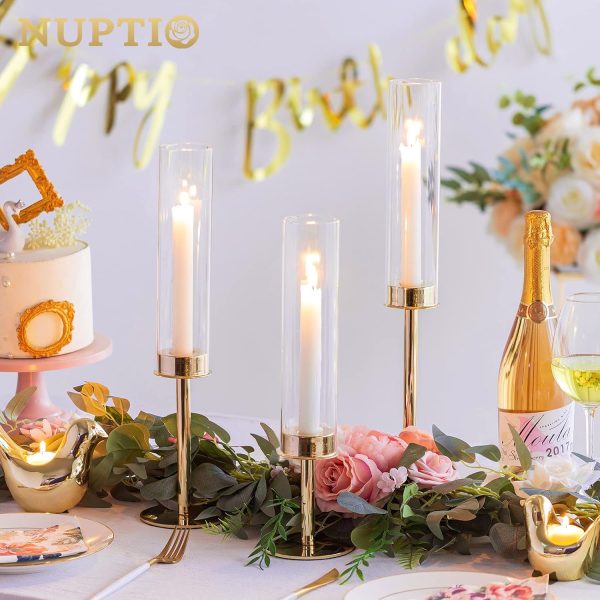 Nuptio Glass Hurricane Candle Holder for Taper Candles 6 Pcs Candlestick Holders Long Stem Candle Holders for Tabletop Centerpiece Home Wedding Decor Cylinder Candle Stand Windproof 14" 16" 18" - Image 4