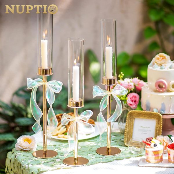 Nuptio Glass Hurricane Candle Holder for Taper Candles 6 Pcs Candlestick Holders Long Stem Candle Holders for Tabletop Centerpiece Home Wedding Decor Cylinder Candle Stand Windproof 14" 16" 18" - Image 12