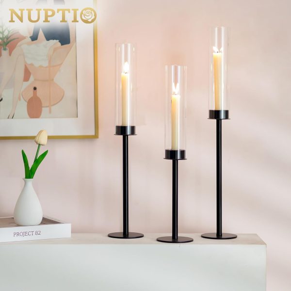 Nuptio Glass Hurricane Candle Holder for Taper Candles 6 Pcs Candlestick Holders Long Stem Candle Holders for Tabletop Centerpiece Home Wedding Decor Cylinder Candle Stand Windproof 14" 16" 18" - Image 16
