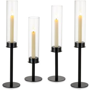 NUPTIO Hurricane Glass Candle Holders: 6 Pcs Black Metal Candlestick Tapered Holder with Clear Chimney Covers Bottomless Tall Modern Taper Candles Stick Cylinder Stand for Halloween Fireplace Decor