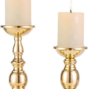 2 Pcs Gold Pillar Candle Holders, Gold Candlestick Most Ideal for 3" Pillar Candles, Gifts for Wedding, Party, Home, Spa, Reiki, Votive Candle (S + L)