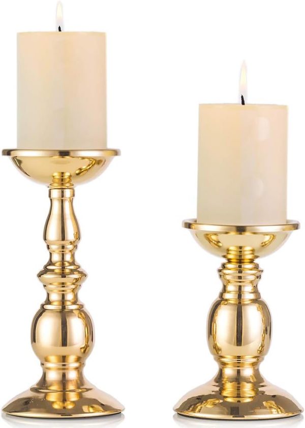 2 Pcs Gold Pillar Candle Holders, Gold Candlestick Most Ideal for 3" Pillar Candles, Gifts for Wedding, Party, Home, Spa, Reiki, Votive Candle (S + L)