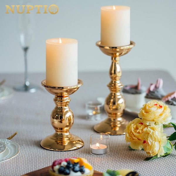 2 Pcs Gold Pillar Candle Holders, Gold Candlestick Most Ideal for 3" Pillar Candles, Gifts for Wedding, Party, Home, Spa, Reiki, Votive Candle (S + L) - Image 2