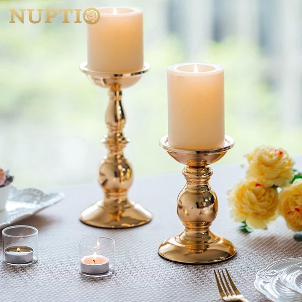 2 Pcs Gold Pillar Candle Holders, Gold Candlestick Most Ideal for 3" Pillar Candles, Gifts for Wedding, Party, Home, Spa, Reiki, Votive Candle (S + L) - Image 4