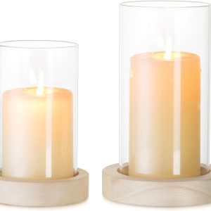 NUPTIO Hurricane Glass Candle Holders: Clear Round Cylinder Vases with Wood Plate Base for Pillar Floating Candles Set of 2 Wooden Hurricanes Vase Pillars Holder for Wedding Party Table Centerpiece