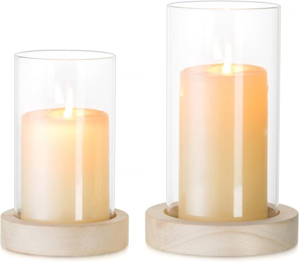 NUPTIO Hurricane Glass Candle Holders: Clear Round Cylinder Vases with Wood Plate Base for Pillar Floating Candles Set of 2 Wooden Hurricanes Vase Pillars Holder for Wedding Party Table Centerpiece