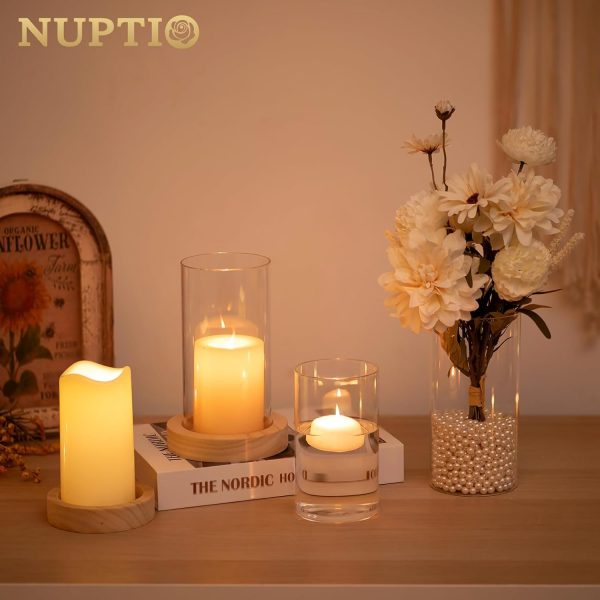 NUPTIO Hurricane Glass Candle Holders: Clear Round Cylinder Vases with Wood Plate Base for Pillar Floating Candles Set of 2 Wooden Hurricanes Vase Pillars Holder for Wedding Party Table Centerpiece - Image 2