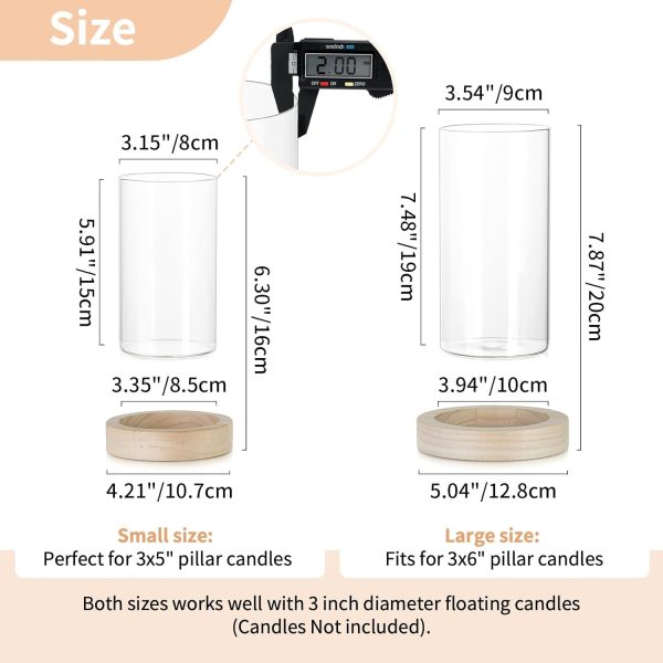 NUPTIO Hurricane Glass Candle Holders: Clear Round Cylinder Vases with Wood Plate Base for Pillar Floating Candles Set of 2 Wooden Hurricanes Vase Pillars Holder for Wedding Party Table Centerpiece - Image 3