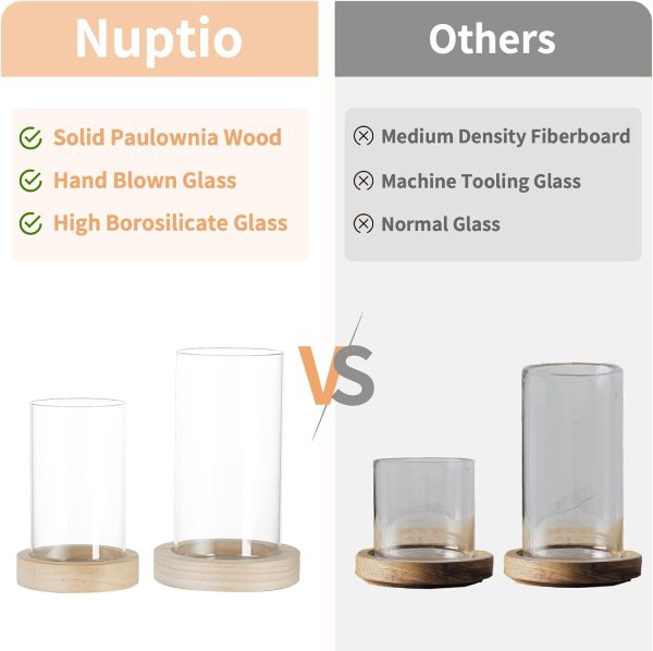 NUPTIO Hurricane Glass Candle Holders: Clear Round Cylinder Vases with Wood Plate Base for Pillar Floating Candles Set of 2 Wooden Hurricanes Vase Pillars Holder for Wedding Party Table Centerpiece - Image 5