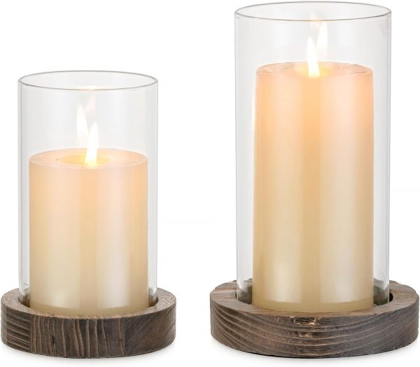 NUPTIO Hurricane Glass Candle Holders: Clear Round Cylinder Vases with Wood Plate Base for Pillar Floating Candles Set of 2 Wooden Hurricanes Vase Pillars Holder for Wedding Party Table Centerpiece - Image 8