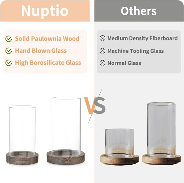 NUPTIO Hurricane Glass Candle Holders: Clear Round Cylinder Vases with Wood Plate Base for Pillar Floating Candles Set of 2 Wooden Hurricanes Vase Pillars Holder for Wedding Party Table Centerpiece - Image 14