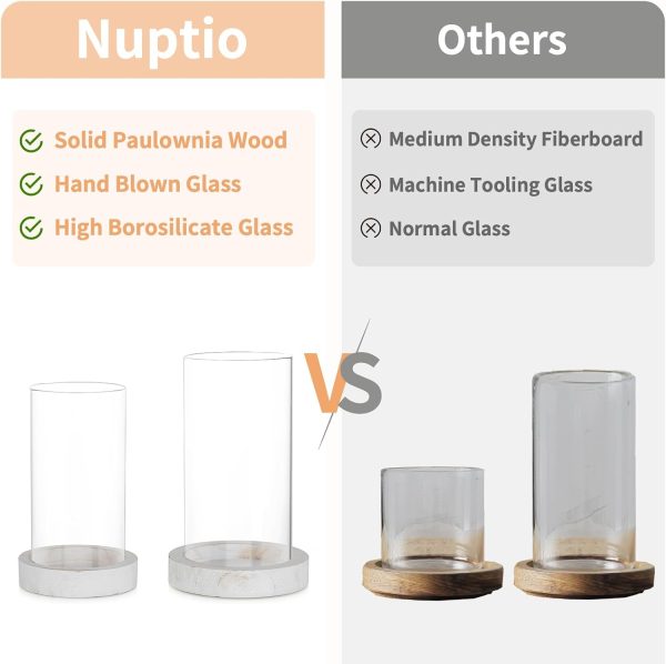 NUPTIO Hurricane Glass Candle Holders: Clear Round Cylinder Vases with Wood Plate Base for Pillar Floating Candles Set of 2 Wooden Hurricanes Vase Pillars Holder for Wedding Party Table Centerpiece - Image 21