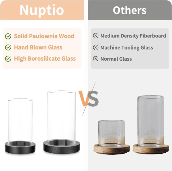 NUPTIO Hurricane Glass Candle Holders: Clear Round Cylinder Vases with Wood Plate Base for Pillar Floating Candles Set of 2 Wooden Hurricanes Vase Pillars Holder for Wedding Party Table Centerpiece - Image 28