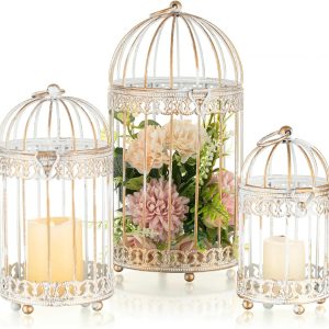 NUPTIO Decorative Candle Lanterns White: 3 Pcs Distressed White Metal Bird Cage Indoors Lantern Centerpiece Assorted Rustic Birdcage Pillar Candle Holders for Home Living Room Porch Office Decoration