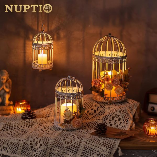 NUPTIO Decorative Candle Lanterns White: 3 Pcs Distressed White Metal Bird Cage Indoors Lantern Centerpiece Assorted Rustic Birdcage Pillar Candle Holders for Home Living Room Porch Office Decoration - Image 2