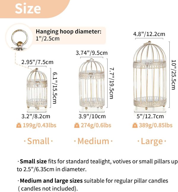 NUPTIO Decorative Candle Lanterns White: 3 Pcs Distressed White Metal Bird Cage Indoors Lantern Centerpiece Assorted Rustic Birdcage Pillar Candle Holders for Home Living Room Porch Office Decoration - Image 3
