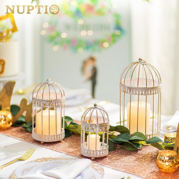 NUPTIO Decorative Candle Lanterns White: 3 Pcs Distressed White Metal Bird Cage Indoors Lantern Centerpiece Assorted Rustic Birdcage Pillar Candle Holders for Home Living Room Porch Office Decoration - Image 4