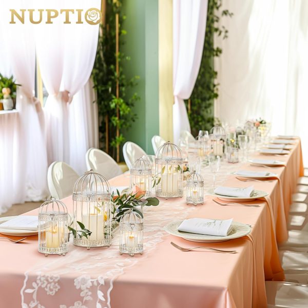 NUPTIO Decorative Candle Lanterns White: 3 Pcs Distressed White Metal Bird Cage Indoors Lantern Centerpiece Assorted Rustic Birdcage Pillar Candle Holders for Home Living Room Porch Office Decoration - Image 5
