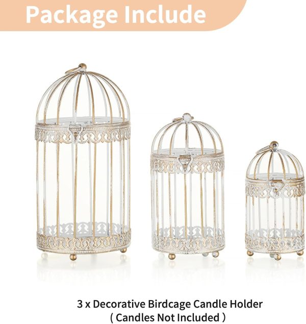 NUPTIO Decorative Candle Lanterns White: 3 Pcs Distressed White Metal Bird Cage Indoors Lantern Centerpiece Assorted Rustic Birdcage Pillar Candle Holders for Home Living Room Porch Office Decoration - Image 7