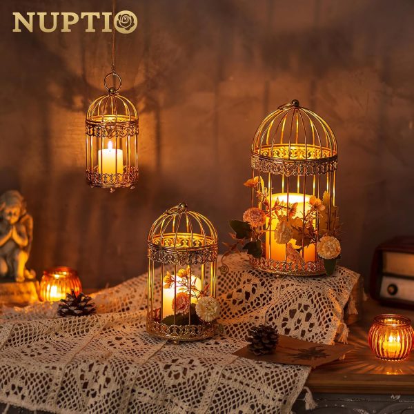 NUPTIO Decorative Candle Lanterns White: 3 Pcs Distressed White Metal Bird Cage Indoors Lantern Centerpiece Assorted Rustic Birdcage Pillar Candle Holders for Home Living Room Porch Office Decoration - Image 9
