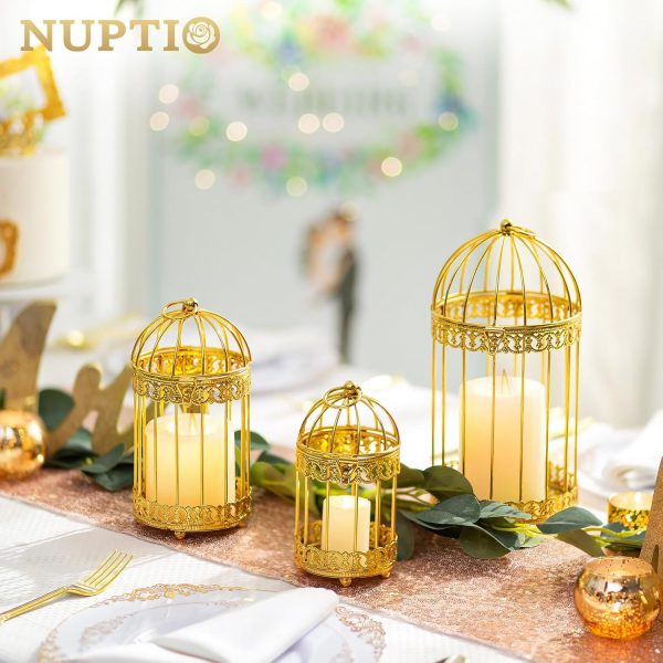 NUPTIO Decorative Candle Lanterns White: 3 Pcs Distressed White Metal Bird Cage Indoors Lantern Centerpiece Assorted Rustic Birdcage Pillar Candle Holders for Home Living Room Porch Office Decoration - Image 11