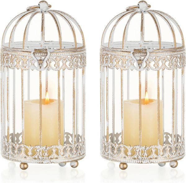 NUPTIO Decorative Candle Lanterns White: 3 Pcs Distressed White Metal Bird Cage Indoors Lantern Centerpiece Assorted Rustic Birdcage Pillar Candle Holders for Home Living Room Porch Office Decoration - Image 20