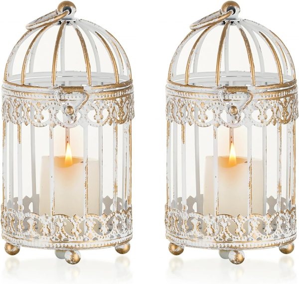 NUPTIO Decorative Candle Lanterns White: 3 Pcs Distressed White Metal Bird Cage Indoors Lantern Centerpiece Assorted Rustic Birdcage Pillar Candle Holders for Home Living Room Porch Office Decoration - Image 35