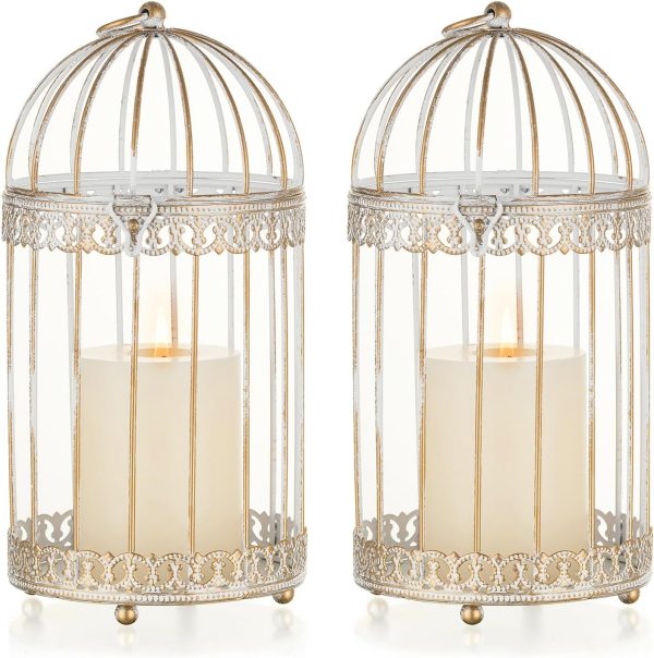 NUPTIO Decorative Candle Lanterns White: 3 Pcs Distressed White Metal Bird Cage Indoors Lantern Centerpiece Assorted Rustic Birdcage Pillar Candle Holders for Home Living Room Porch Office Decoration - Image 37