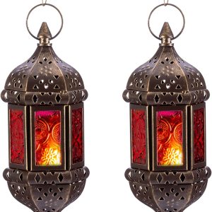 2 Pcs Hanging Hexagon Decorative Moroccan Candle Lantern Holders, Handmade Hanging Tea Light Holder in Bronze Metal & Red & Purple Glass Gift & Decor Items