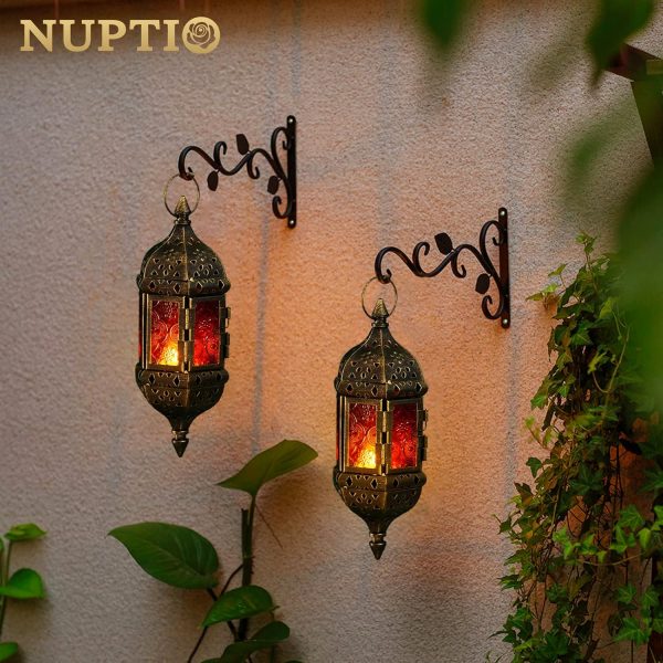 2 Pcs Hanging Hexagon Decorative Moroccan Candle Lantern Holders, Handmade Hanging Tea Light Holder in Bronze Metal & Red & Purple Glass Gift & Decor Items - Image 2
