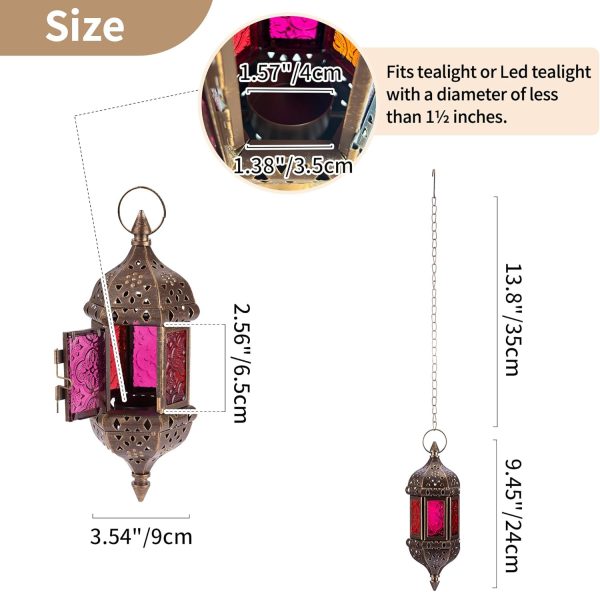 2 Pcs Hanging Hexagon Decorative Moroccan Candle Lantern Holders, Handmade Hanging Tea Light Holder in Bronze Metal & Red & Purple Glass Gift & Decor Items - Image 3