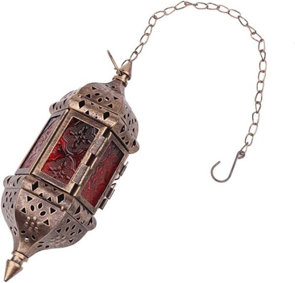 2 Pcs Hanging Hexagon Decorative Moroccan Candle Lantern Holders, Handmade Hanging Tea Light Holder in Bronze Metal & Red & Purple Glass Gift & Decor Items - Image 5
