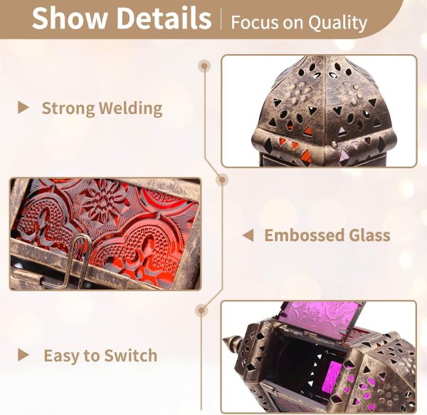 2 Pcs Hanging Hexagon Decorative Moroccan Candle Lantern Holders, Handmade Hanging Tea Light Holder in Bronze Metal & Red & Purple Glass Gift & Decor Items - Image 6