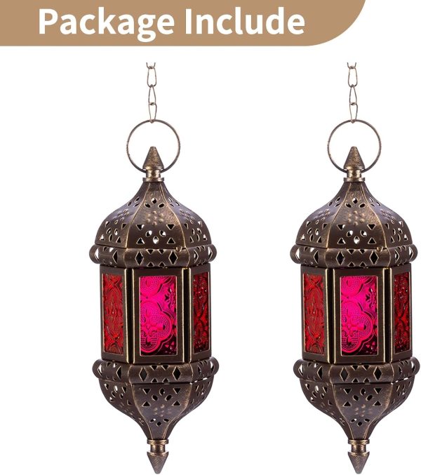 2 Pcs Hanging Hexagon Decorative Moroccan Candle Lantern Holders, Handmade Hanging Tea Light Holder in Bronze Metal & Red & Purple Glass Gift & Decor Items - Image 7