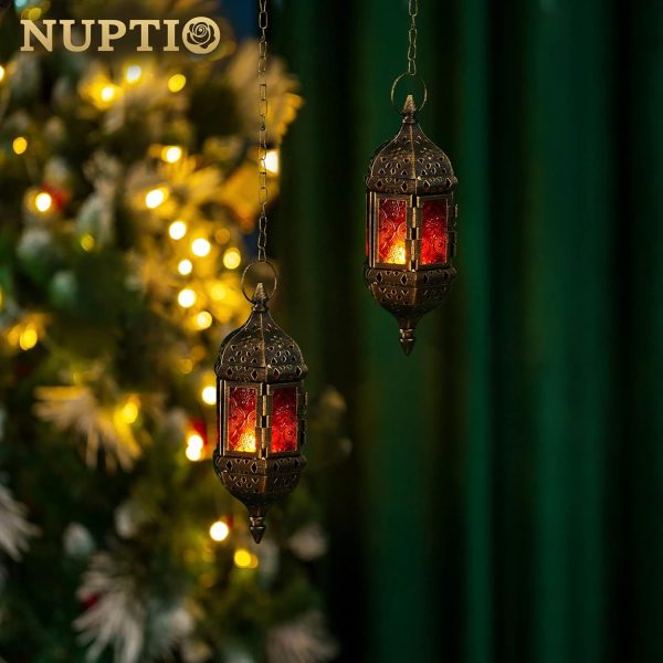 2 Pcs Hanging Hexagon Decorative Moroccan Candle Lantern Holders, Handmade Hanging Tea Light Holder in Bronze Metal & Red & Purple Glass Gift & Decor Items - Image 8