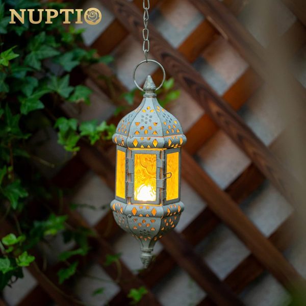 2 Pcs Hanging Hexagon Decorative Moroccan Candle Lantern Holders, Handmade Hanging Tea Light Holder in Bronze Metal & Red & Purple Glass Gift & Decor Items - Image 12