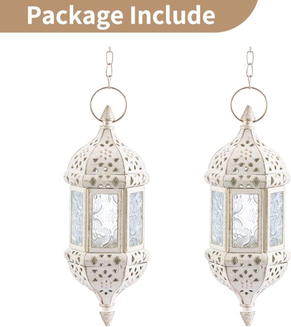 2 Pcs Hanging Hexagon Decorative Moroccan Candle Lantern Holders, Handmade Hanging Tea Light Holder in Bronze Metal & Red & Purple Glass Gift & Decor Items - Image 14