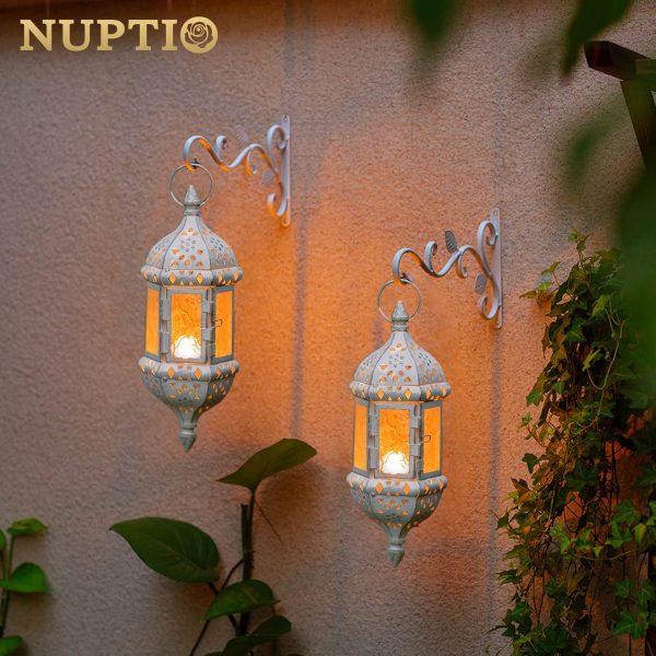 2 Pcs Hanging Hexagon Decorative Moroccan Candle Lantern Holders, Handmade Hanging Tea Light Holder in Bronze Metal & Red & Purple Glass Gift & Decor Items - Image 15