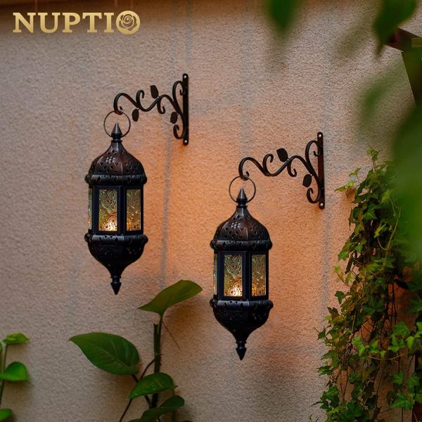 2 Pcs Hanging Hexagon Decorative Moroccan Candle Lantern Holders, Handmade Hanging Tea Light Holder in Bronze Metal & Red & Purple Glass Gift & Decor Items - Image 17