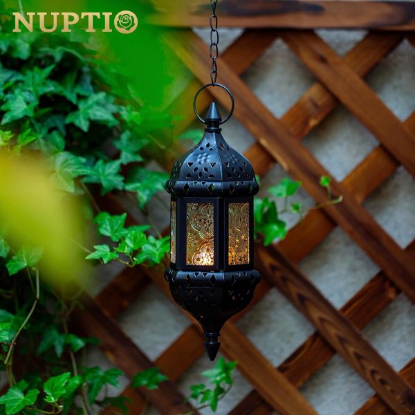 2 Pcs Hanging Hexagon Decorative Moroccan Candle Lantern Holders, Handmade Hanging Tea Light Holder in Bronze Metal & Red & Purple Glass Gift & Decor Items - Image 19