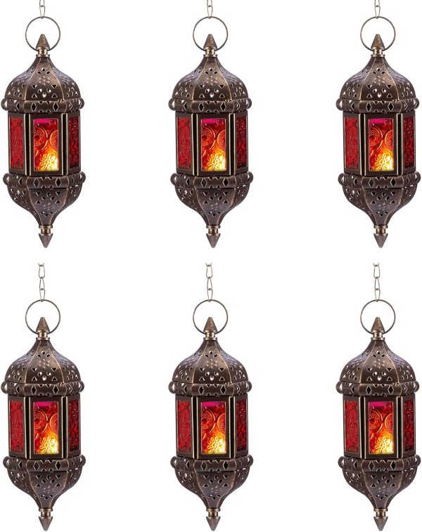 2 Pcs Hanging Hexagon Decorative Moroccan Candle Lantern Holders, Handmade Hanging Tea Light Holder in Bronze Metal & Red & Purple Glass Gift & Decor Items - Image 23