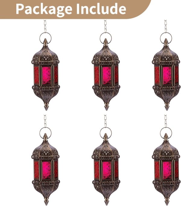 2 Pcs Hanging Hexagon Decorative Moroccan Candle Lantern Holders, Handmade Hanging Tea Light Holder in Bronze Metal & Red & Purple Glass Gift & Decor Items - Image 24