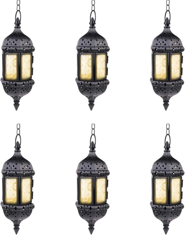2 Pcs Hanging Hexagon Decorative Moroccan Candle Lantern Holders, Handmade Hanging Tea Light Holder in Bronze Metal & Red & Purple Glass Gift & Decor Items - Image 25