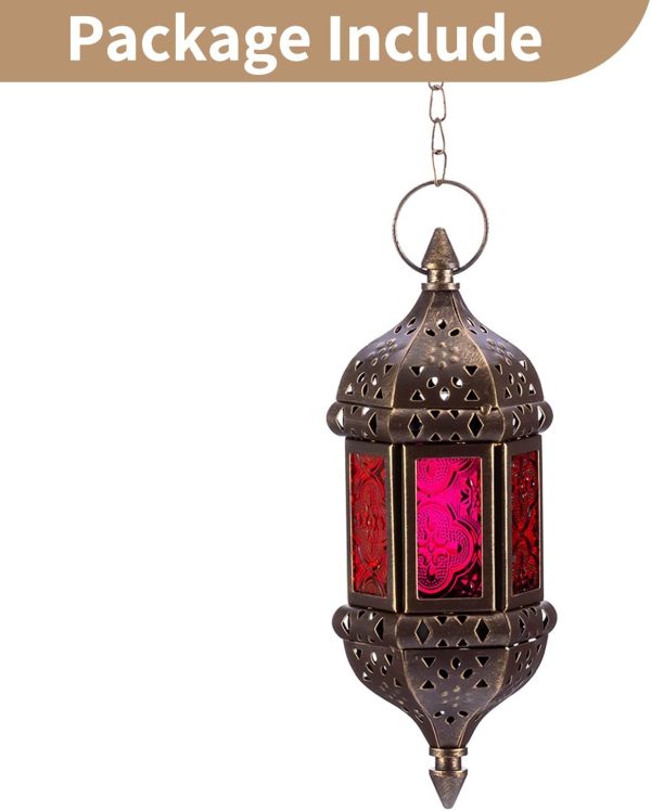 2 Pcs Hanging Hexagon Decorative Moroccan Candle Lantern Holders, Handmade Hanging Tea Light Holder in Bronze Metal & Red & Purple Glass Gift & Decor Items - Image 29