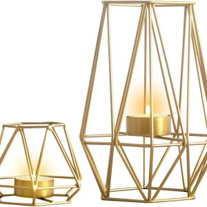 2 Pcs Metal Hexagon Shaped Geometric Design Tea Light Votive Candle Holders, Iron Hollow Tealight Candle Holders for Vintage Wedding Home Decoration, Gold (S + L)