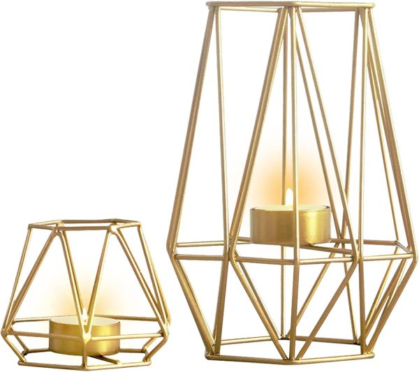 2 Pcs Metal Hexagon Shaped Geometric Design Tea Light Votive Candle Holders, Iron Hollow Tealight Candle Holders for Vintage Wedding Home Decoration, Gold (S + L)